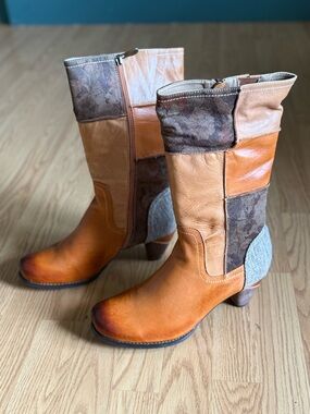 Boutique Patchwork Boots Womens Size 11 Brown Tan Mid Calf Western Boho Zip
